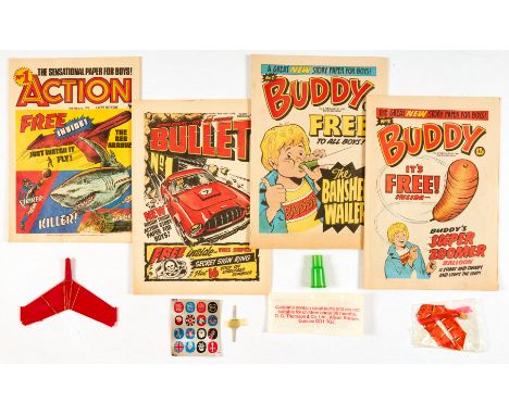 Action 1 (1976) [fn-] wg The Red Arrow, Bullet 1 (1976) [fn+] wfg Secret Sign Ring plus 16 Stick-On Embossed Symbols, Buddy N