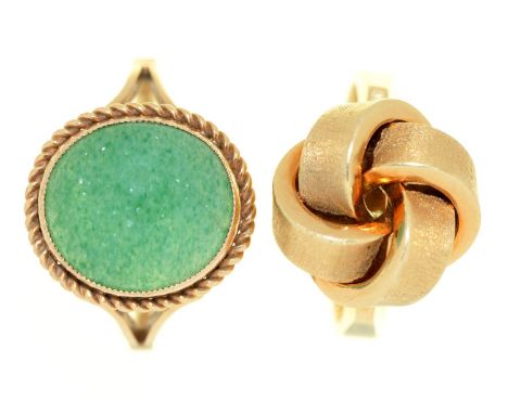 A gold knot ring, marked 585, 4.5g and a jade ring, in 9ct gold, Birmingham 1968, 3.2g, size K and O respectively (2)  Good c