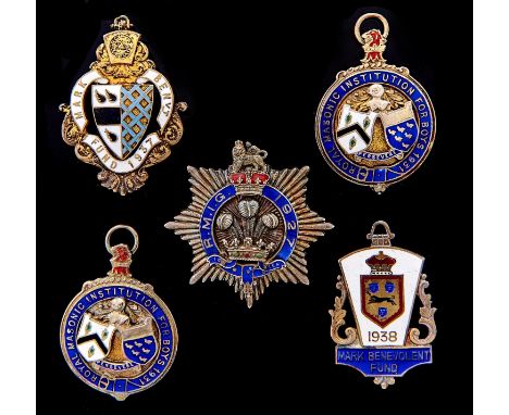 Freemasonry. Five silver and enamel masonic charity jewels, Birmingham 1930 and c, 3ozs 6dwts  Good condition