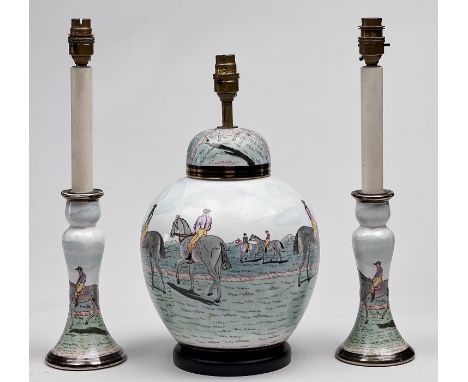 A Brights of Nettlebed table lamp, of baluster jar and cover form, decorated with jockeys and figures on horseback in landsca
