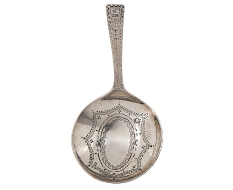 A George III engraved silver caddy spoon, 77mm l, by Thomas Wallis II, London 1794, 10.5dwts  Good condition