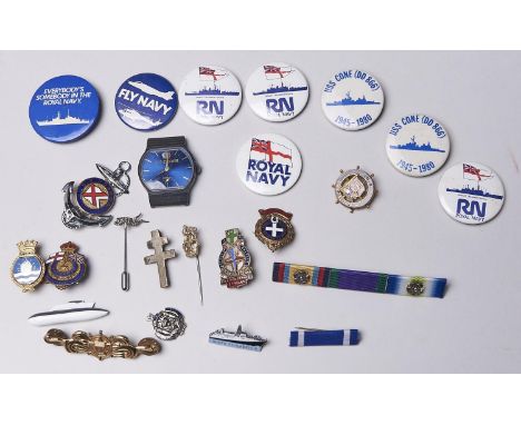 A quantity of enamel and other badges, to include vintage Everybody's Somebody in the Navy, USS Cone 1945-1980, Fly Navy, ena