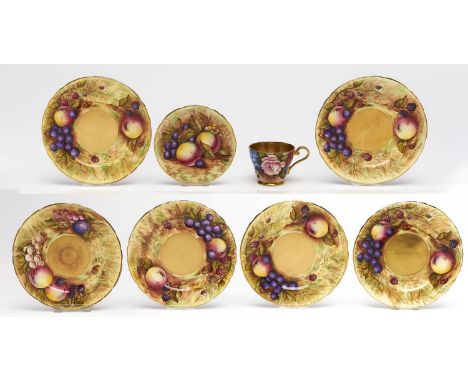 A set of six Aynsley fruit decorated side plates and a coffee cup and saucer, late 20th c, plates 16cm diam, printed mark  Go