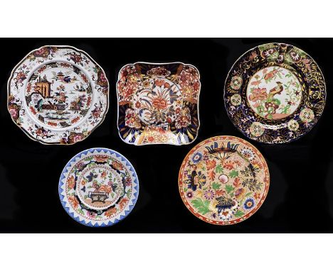 Three various Staffordshire earthenware and Ironstone plates, a dish and stand, early 19th c, largest plate late 19th c, impr