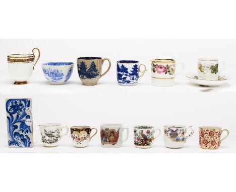 Miscellaneous English and Continental porcelain tea&nbsp; cups and other ware,&nbsp;including an 18th c Dutch Delftware narro