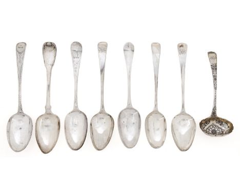 A George III silver tablespoon, bright cut Old English pattern, by John Lambe, London 1783, six other silver tablespoons, inc