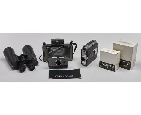 A Polaroid 230 camera, a Kodak Royal cine camera, a pair of binoculars and various accessories  