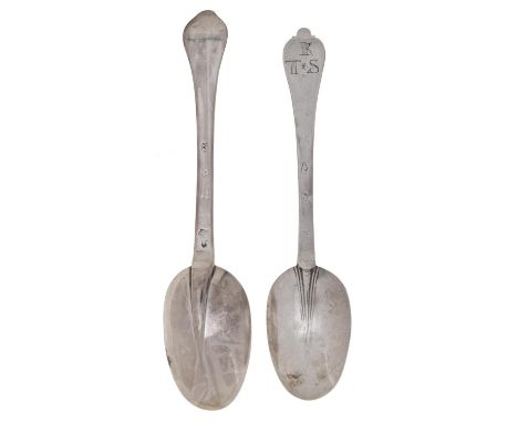 A William III silver dog nose spoon, 19.7cm l, by William Brett, London 1697 and a Queen Anne silver trefid spoon, engraved w