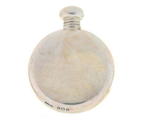 A George V plain round silver scent flask and screw cap,&nbsp;57mm h, by A &amp; J Zimmerman, Birmingham 1924, 14dwts  Good c