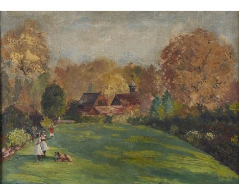 R Johnson (Fl. 20th c) - Figures and a Dog in a Garden, signed, oil on canvas, 39 x 54cm  Good condition, varnish requires a 