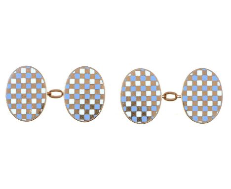 A pair of gold and lavender blue and white geometric enamel cuff links,&nbsp;18mm, marked 9ct, 6.8g  Slight wear consistent w