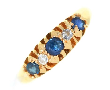 A sapphire and diamond five stone ring, in 18ct gold, Birmingham 1917, 3.4g, size K  Good condition, light wear only