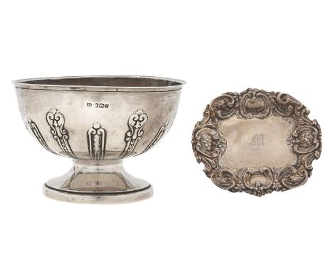 A George V silver sugar bowl, with embossed strapwork, 11.5cm diam, by James Deakin &amp; Sons, Sheffield 1911 and a silver b