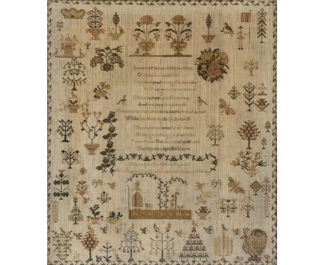 A Victorian linen sampler, Mary Ann Rushton aged 12 worked at Castle Bromwich School 1844, with shepherdess and diminutive sh