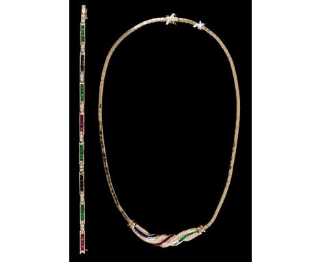 A ruby, emerald, sapphire and diamond necklace and a similar bracelet,&nbsp; in gold, necklace 31cm l, marked 585 14K, 32.8g 