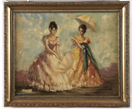 Spanish School, 20th c - Beauties with Parasols, signed R... Garcia, oil on canvas, 32 x 39.5cm  Varnish slightly yellowed, r