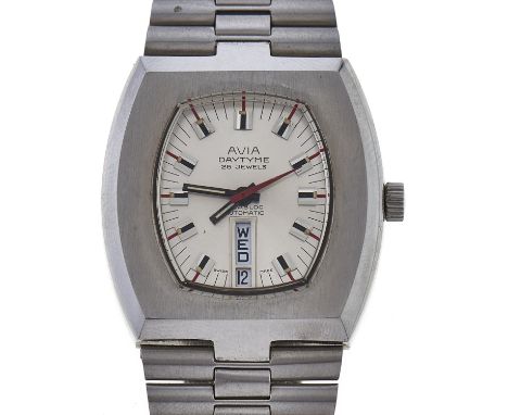 An Avia stainless steel self winding tonneau wristwatch, Daytime, with vertical day and date at 6, 35 x 37mm, maker's bracele