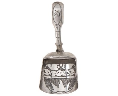 A George III engraved silver caddy shovel, Fiddle pattern, 67mm l, maker I T, probably Joseph Taylor, Birmingham 1812, 4dwts 