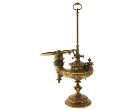 A German brass oil lamp, Wild &amp; Wessel, Berlin, with maker's Kosmos burner, 55cm h, lead weight, foot stamped W&nbsp; W 1
