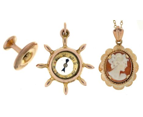 An Edwardian 9ct gold ship's wheel novelty fob compass, 24mm, Chester 1901, a 9ct stud, a cameo pendant in 9ct gold and a gol