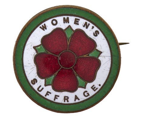 Women's Suffrage. A gilt brass and enamel badge, c1905, 33mm diam, maker's mark W O Lewis, Brmn  Slightly scratched from wear
