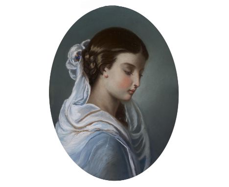 French School, 19th century - Portrait of a Girl, head and shoulders, pastel, oval, 54cm h  Good condition, long undisturbed 