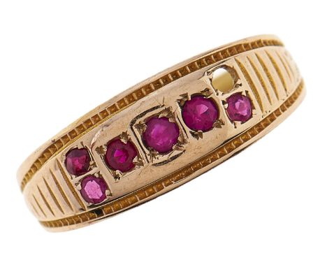 A ruby ring, in gold marked 18ct, 2.1g, size K  Several stones synthetic replacements; lacking one