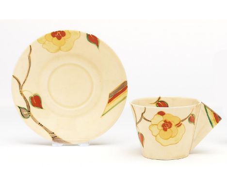 Clarice Cliff. An A J Wilkinson Yellow Rose conical cup and saucer, 1931, saucer 12.5cm diam, printed mark  On the cup a smal