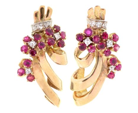 A pair of ruby and diamond earrings,&nbsp; in two colour gold, 31mm, 7.7g  Good condition