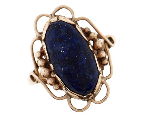 A lapis lazuli ring, in gold, 2.6g, size K  Lapis wanting polish being scratched from wear