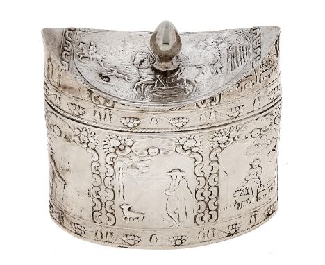 A Dutch navette shaped silver tea caddy, c1900, die stamped with six panels of single figures surrounded by c-scrolls, shells