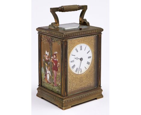 A French brass carriage clock,&nbsp; with gilt ground porcelain panels, c1900, the enamel dial with engraved mask and Breguet