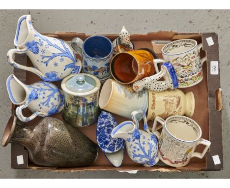 Miscellaneous ceramics, to include a graduated set of three Victorian blue printed earthenware jugs and a cloisonne enamel va