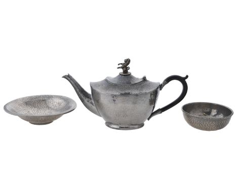 A Liberty &amp; Co Tudric pewter teapot, c1910, with replacement finial, 15cm h, maker's mark "TUDRIC" and 5057 and two Liber