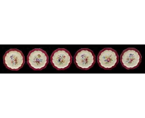 A set of five Paragon primrose ground dessert plates, c1940, decorated with a loose bouquet of chrysanthemums and other flowe