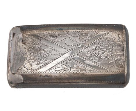 A George III silver snuff box, engraved with saltire and grapes, 49mm l, by John Lawrence &amp; Co, Birmingham, date letter o