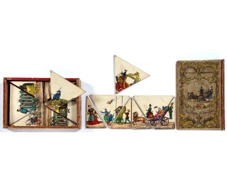 Jigsaw Puzzle. New Carriage Metamorphoses, Germany c1830-50, 36 triangular wooden pieces faced with hand coloured lithograph 