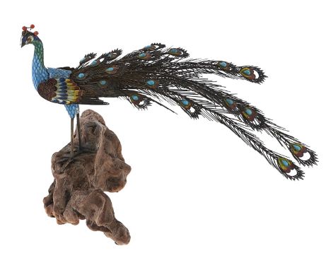 A Chinese silver gilt and cloisonne enamel model of a peacock on rootwood base, first have 20th c, 25cm h, applied lozenge sh