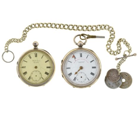 A silver lever watch, engine turned, 52mm diam, Chester 1901, another and a plated albert (3)  Some damage