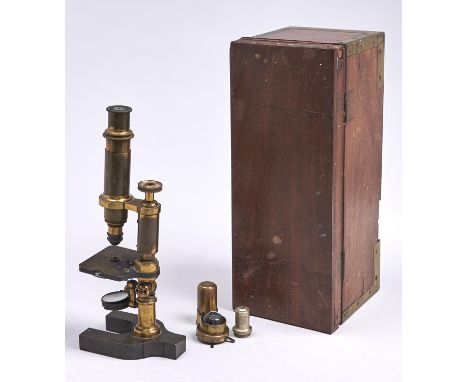 An English brass compound microscope, Baker 244 High Holborn London, c1870&nbsp;&nbsp;the pillar with compass joint and fine 