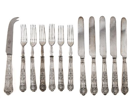 A set of five Victorian silver hafted fish knives and six forks, King's pattern, by Martin, Hall &amp; Co, Sheffield, mid 19t