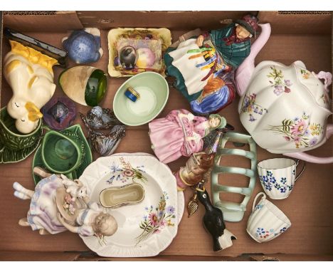 Miscellaneous ornamental ceramics, to include a Shelley floral teapot, Royal Doulton earthenware figure of Silks and Ribbons 