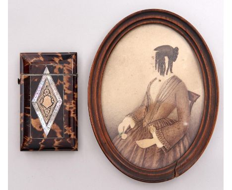 English Naive Artist, mid 19th c - Portrait Miniature of a Lady, seated three quarter length holding a rose, in profile, 13 x