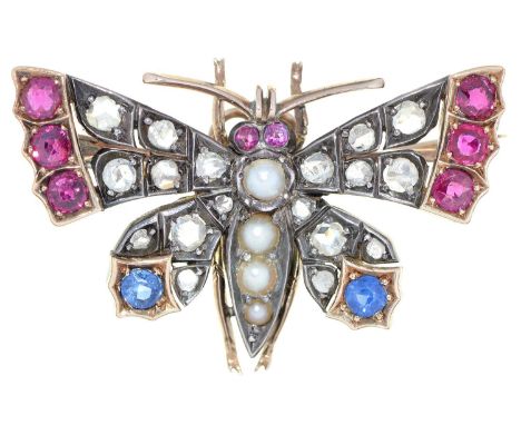 A Victorian pearl, diamond, ruby and sapphire butterfly brooch, late 19th c, in gold, demountable, 37mm, 8g  Complete and in 