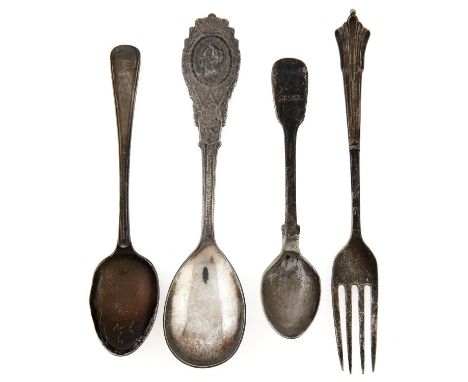 A Victorian silver dessert fork,&nbsp; Albany pattern and two silver teaspoons, various makers and dates and a Continental co