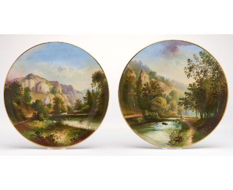 A pair of Copeland bone china dessert plates, c1880, painted with Derbyshire views, rim gilt, 23cm diam, printed mark, painte