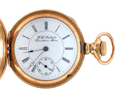 A North American gold plated keyless lever hunting cased watch, Hampden, Canton O[hio], c1898, for W H Mallett, Brandon Man, 