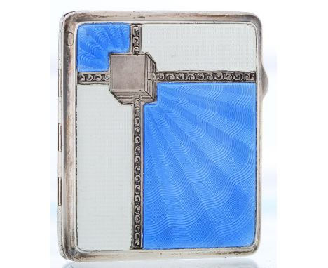 A George V silver and blue guilloche enamel cigarette case, 83mm, by J Gloster Ltd, Birmingham 1934, 3ozs 12dwts  Good condit