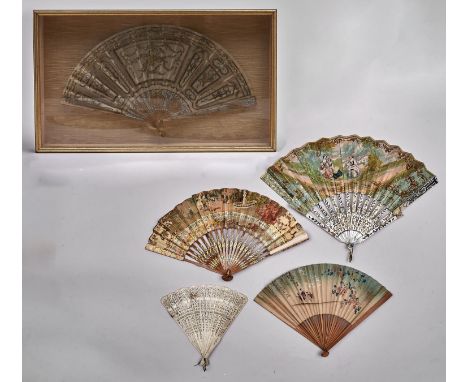 A French fan, 19th c, the chicken skin leaf painted with a shepherd and three young women in a idealised landscape, silver an