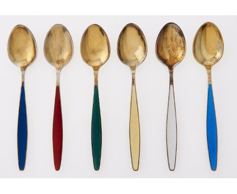 Georg Jensen. A set of six Danish silver gilt and harlequin guilloche enamel coffee spoons, maker's mark, boxed, 1oz 17dwts  